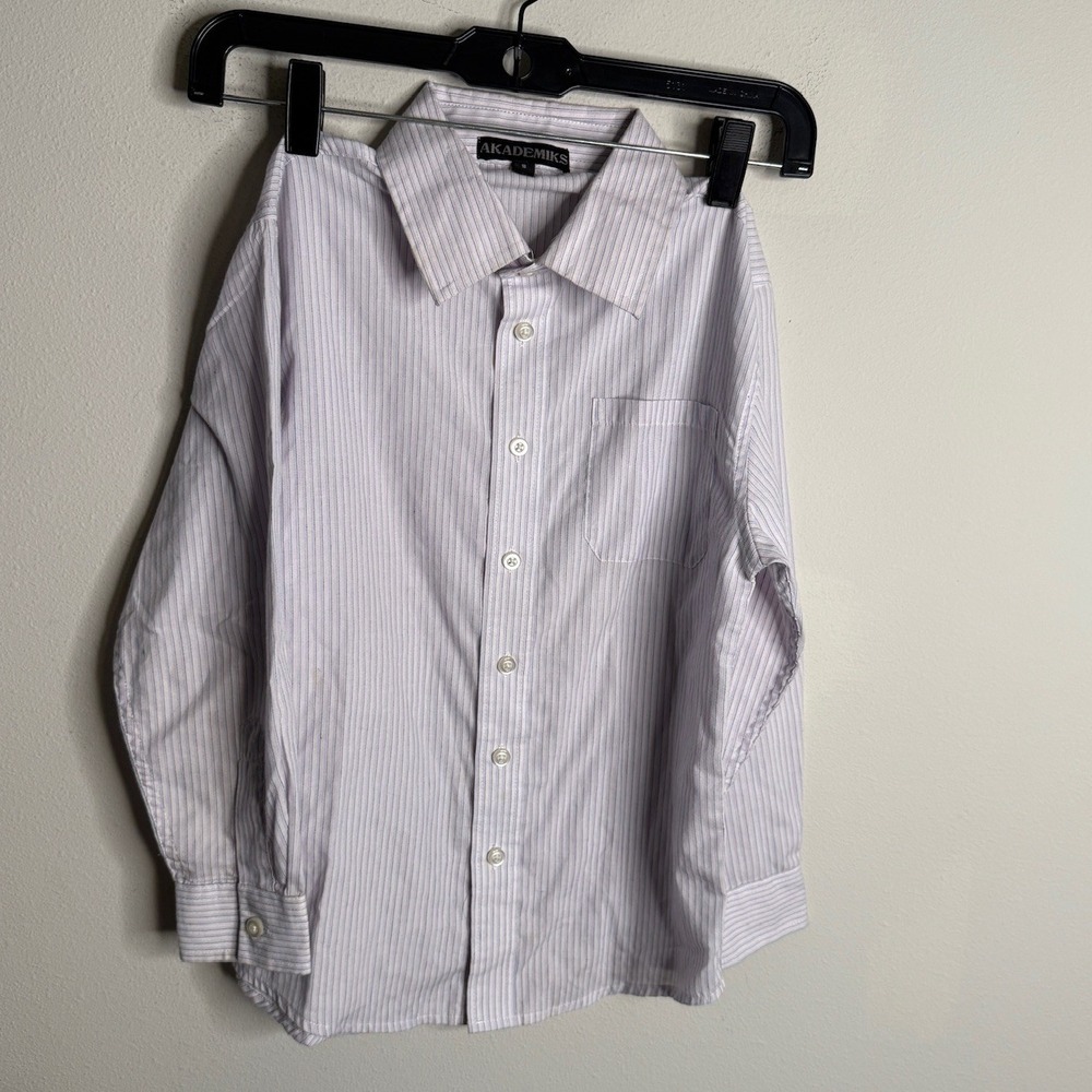 Vintage Akademiks Boys 8 White Blue Striped Button Down Long‎ Sleeve Dress Shirt